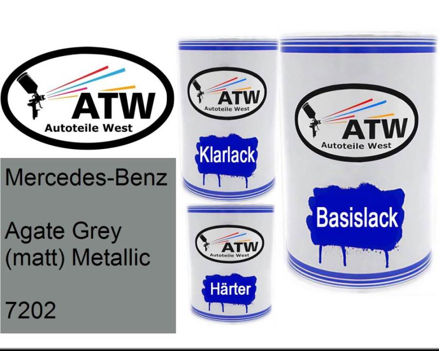 Mercedes-Benz, Agate Grey (matt) Metallic, 7202: 500ml Lackdose + 500ml Klarlack + 250ml Härter - Set, von ATW Autoteile West.